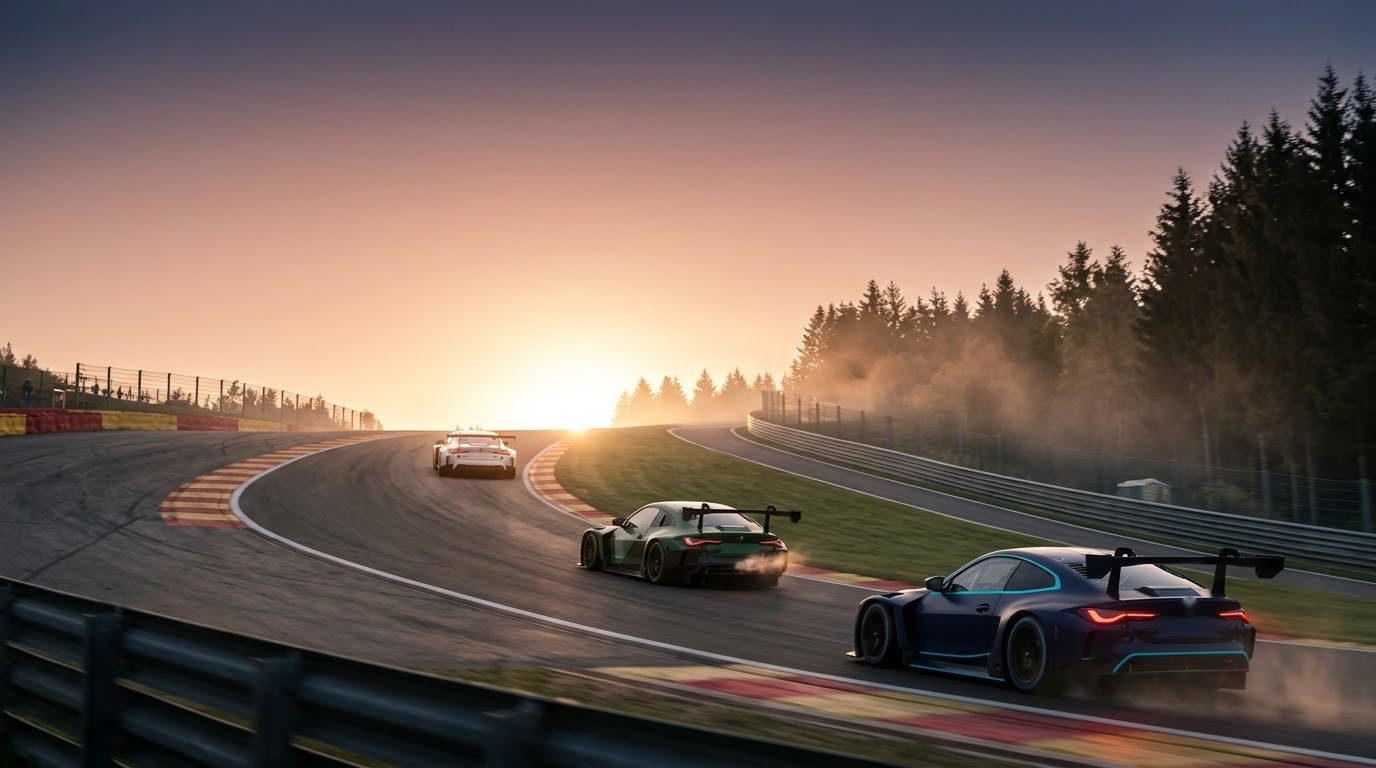 Tres autos GT3 suben por Raidillon, en Spa, al atardecer