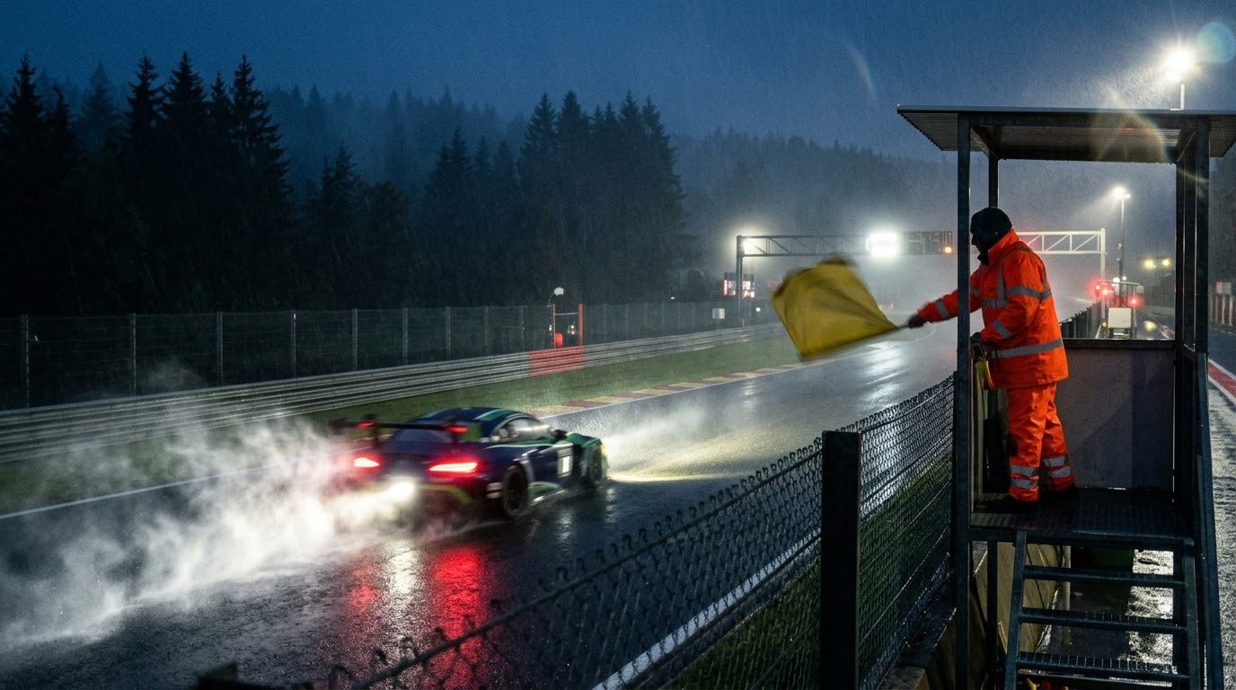 Un banderillero agita la bandera amarilla de noche bajo la lluvia mientras pasa un GT3