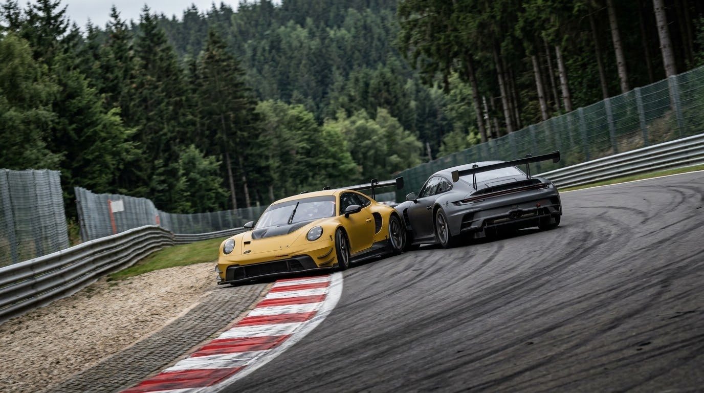 Dos autos GT3 lado a lado en una curva rodeada de bosque