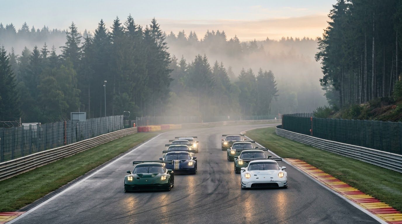 Salida lanzada en dos filas de autos GT3 con neblina al amanecer, en Spa