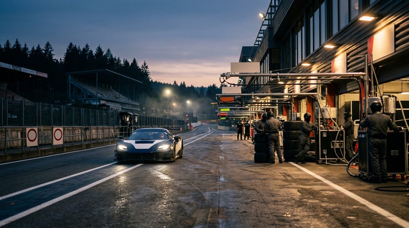 Un GT3 entra al pit lane de Spa al anochecer mientras esperan los mecánicos